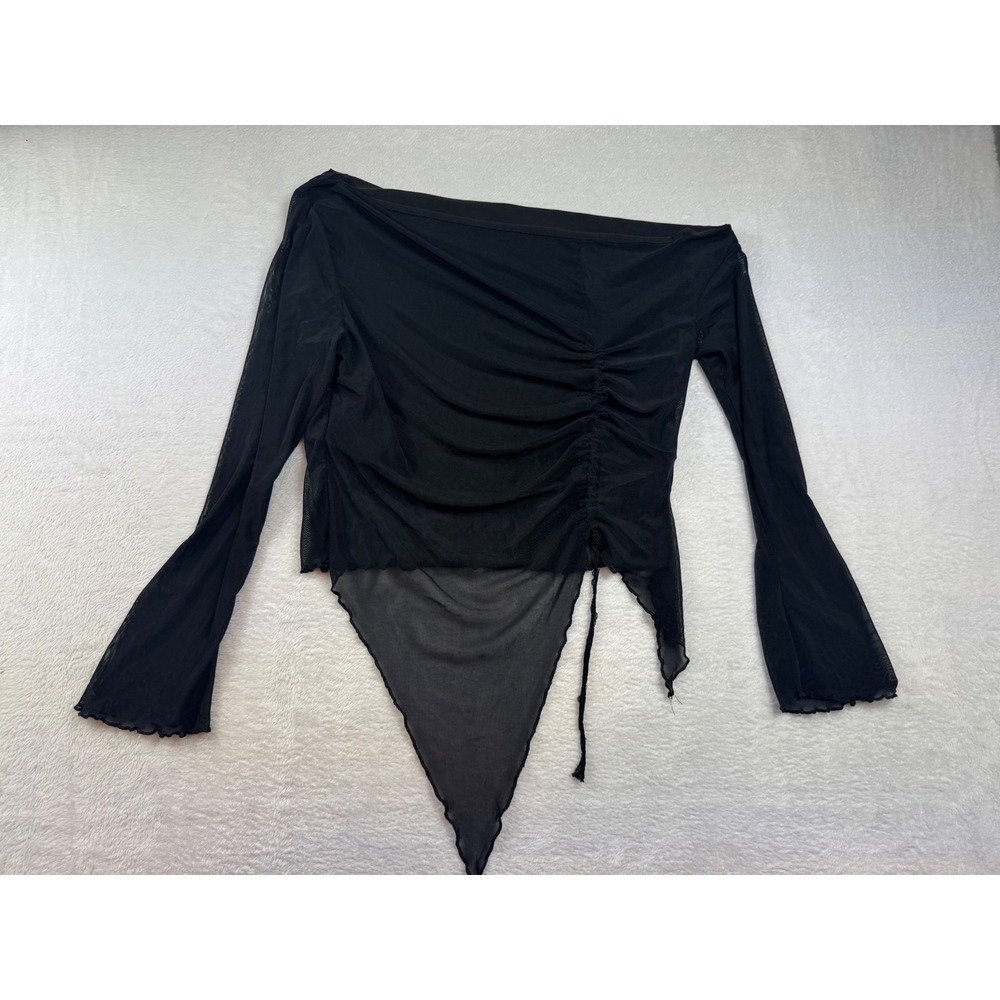 Black Mesh Ruched‎ Off Shoulder Asymmetrical Hem Top Sheer Gothic Whimsical